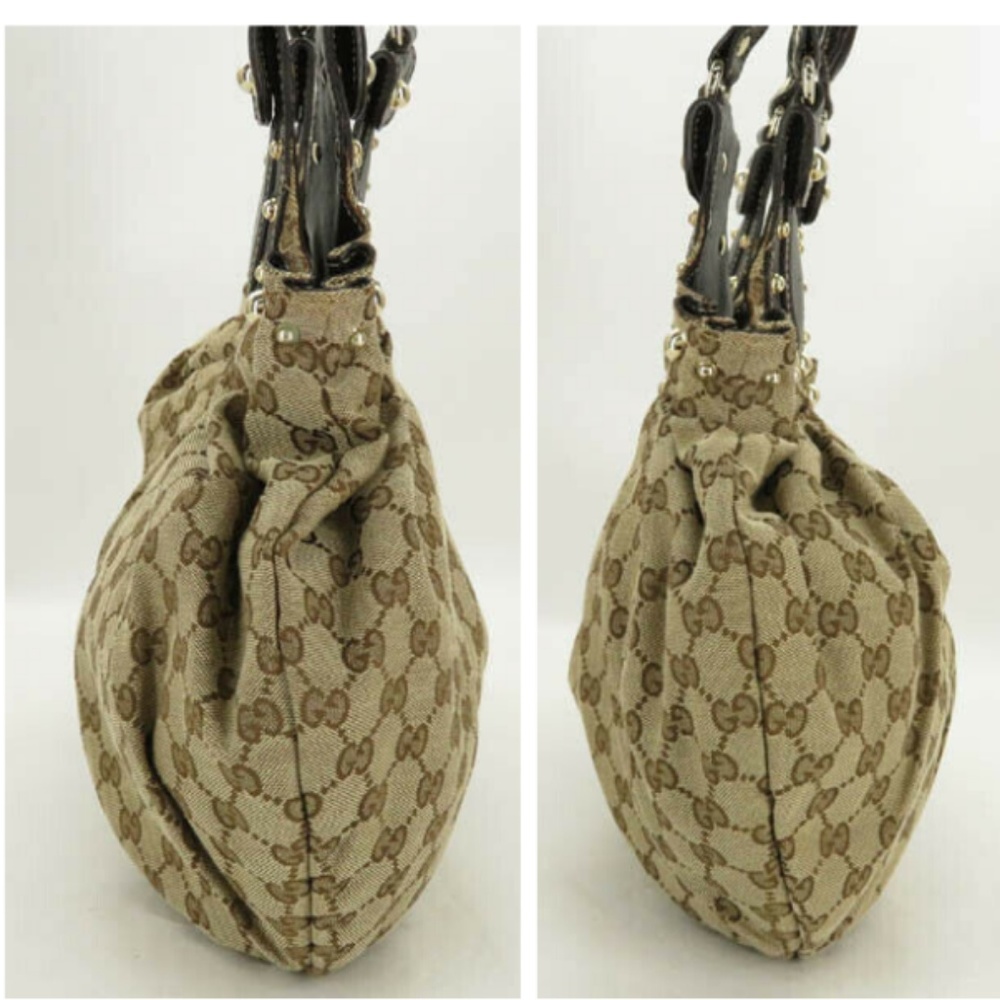 💯 AUTH GUCCI GG CANVAS LEATHER STUDED GATHER BAG - Picture 4 of 9